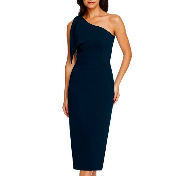 NWT DRESS THE POPULATION The Tiffany One-shoulder Bow Midi Dress Navy Crepe SM - Picture 1 of 6